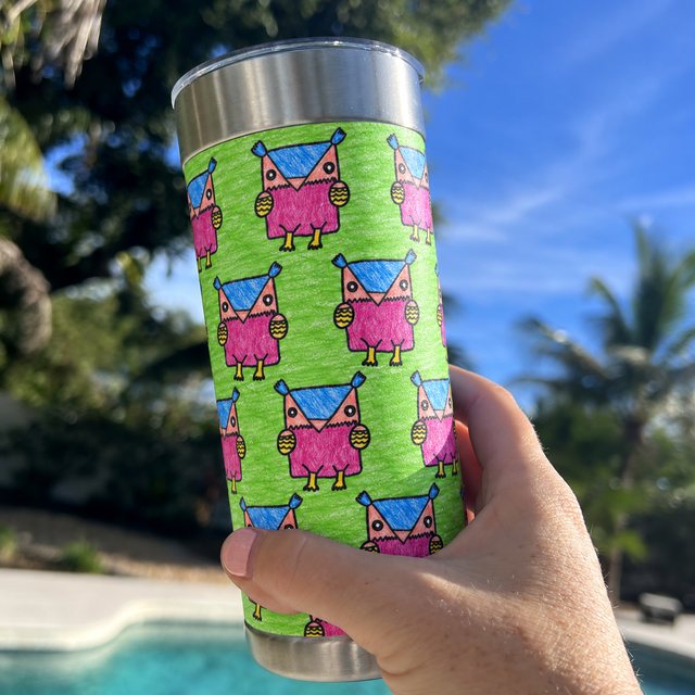 The owl repeated on the drawing’s own green, on a real Wrapware tumbler (photo edit).