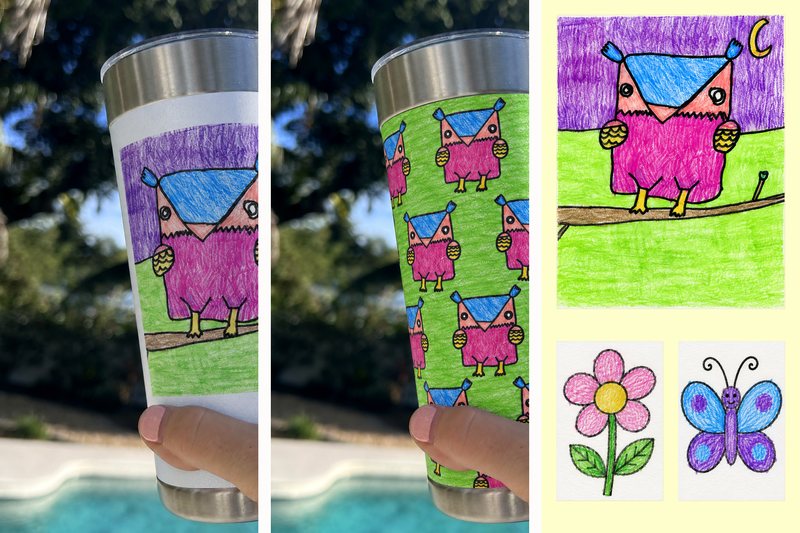 Three layouts: the whole owl picture on a white cup, the owl repeated on green, and the owl with a flower and a butterfly.