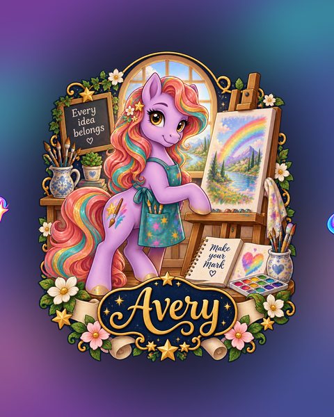Avery’s finished character: a purple pony with rainbow hair, teal apron, paintbrush-and-star symbol and art-studio setting.