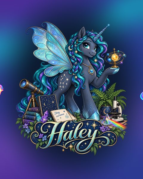 Haley, a science-themed pony with a solar system model.