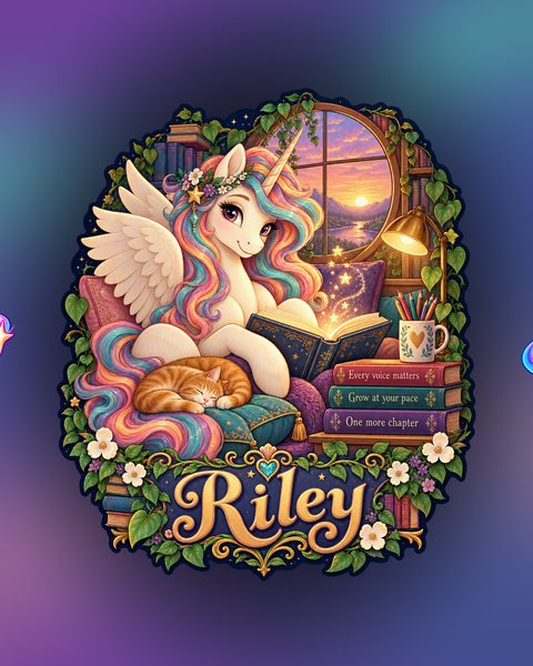 Riley, a reading-themed pony with a book and a sleeping cat.