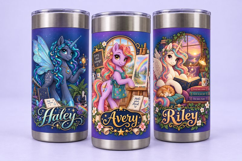 Product mockup of three stainless Wrapware tumblers: Haley, Avery and Riley, each with their own Sparkle Squad teacher character.