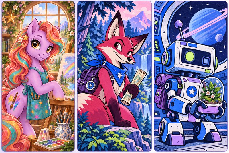 Three character options: a pony artist, a fox adventurer and a robot explorer.