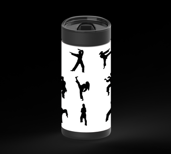 A grid of black martial arts silhouettes showing different standing poses, punches, and high kicks on a white background.