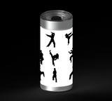 A grid of black martial arts silhouettes showing different standing poses, punches, and high kicks on a white background.