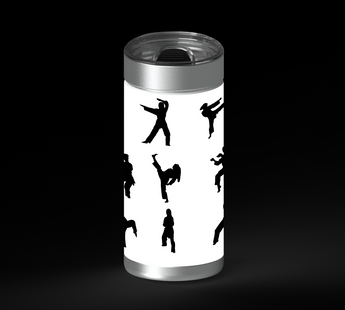 A grid of black martial arts silhouettes showing different standing poses, punches, and high kicks on a white background.