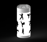 A grid of black martial arts silhouettes showing different standing poses, punches, and high kicks on a white background.