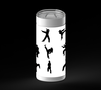 A grid of black martial arts silhouettes showing different standing poses, punches, and high kicks on a white background.