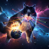 Galactic Villain example artwork with a giant cat, glowing planets and beams of colored light in space.