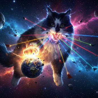 Galactic Villain example artwork with a giant cat, glowing planets and beams of colored light in space.