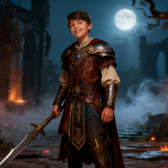 Guard The Gate example artwork with an armored adventurer in firelit ruins beneath a full moon.