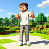 Pixel Mines example artwork with a block-style character standing in a bright green landscape.
