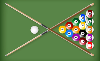 Two crossed cue sticks on a green pool table, with a white cue ball near the left side and a cluster of numbered billiard balls arranged on the right.