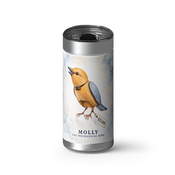 Molly The Mechanical Bird wrap on a brushed stainless Wrapware tumbler