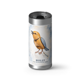 Molly The Mechanical Bird wrap on a brushed stainless Wrapware tumbler