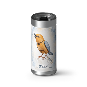 Molly The Mechanical Bird wrap on a brushed stainless Wrapware tumbler