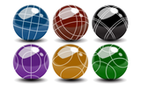 Six glossy colored spheres arranged in a 2x3 grid on a white background: blue, red-brown, black, purple, gold, and green. Each sphere has pale curved line patterns and a bright highlight near the top, with a soft shadow underneath.