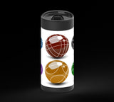 Six glossy colored spheres arranged in a 2x3 grid on a white background: blue, red-brown, black, purple, gold, and green. Each sphere has pale curved line patterns and a bright highlight near the top, with a soft shadow underneath.