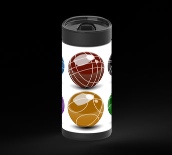 Six glossy colored spheres arranged in a 2x3 grid on a white background: blue, red-brown, black, purple, gold, and green. Each sphere has pale curved line patterns and a bright highlight near the top, with a soft shadow underneath.