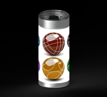 Six glossy colored spheres arranged in a 2x3 grid on a white background: blue, red-brown, black, purple, gold, and green. Each sphere has pale curved line patterns and a bright highlight near the top, with a soft shadow underneath.