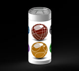 Six glossy colored spheres arranged in a 2x3 grid on a white background: blue, red-brown, black, purple, gold, and green. Each sphere has pale curved line patterns and a bright highlight near the top, with a soft shadow underneath.