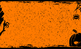 Orange background with scattered black speckles and distressed black border accents, with spooky Halloween shapes peeking in from the edges including a spider, pumpkin, and monster-like silhouettes.