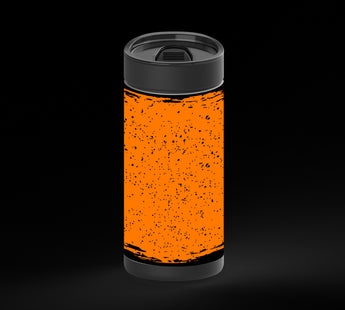 Orange background with scattered black speckles and distressed black border accents, with spooky Halloween shapes peeking in from the edges including a spider, pumpkin, and monster-like silhouettes.