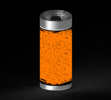 Orange background with scattered black speckles and distressed black border accents, with spooky Halloween shapes peeking in from the edges including a spider, pumpkin, and monster-like silhouettes.
