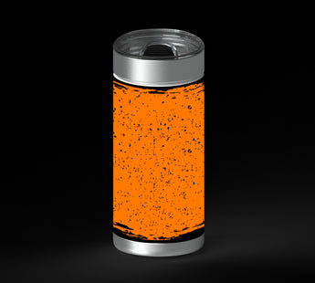 Orange background with scattered black speckles and distressed black border accents, with spooky Halloween shapes peeking in from the edges including a spider, pumpkin, and monster-like silhouettes.