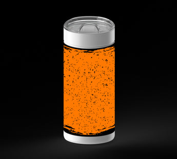 Orange background with scattered black speckles and distressed black border accents, with spooky Halloween shapes peeking in from the edges including a spider, pumpkin, and monster-like silhouettes.