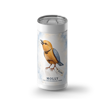 Molly The Mechanical Bird wrap on a white ceramic Wrapware tumbler