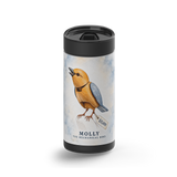 Molly The Mechanical Bird wrap on a black ceramic Wrapware tumbler