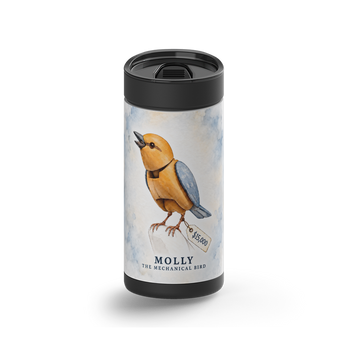 Molly The Mechanical Bird wrap on a black ceramic Wrapware tumbler