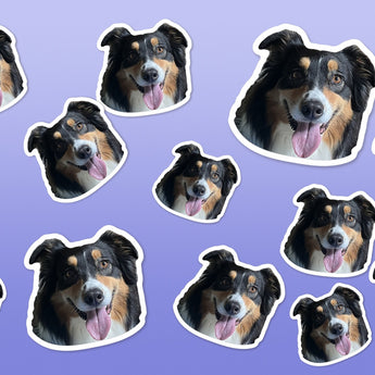 A lavender background covered with multiple cutout sticker images of the same tricolor dog. The dog faces the camera in each sticker, often with its tongue out, and each cutout has a white border.