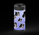 A lavender background covered with multiple cutout sticker images of the same tricolor dog. The dog faces the camera in each sticker, often with its tongue out, and each cutout has a white border.
