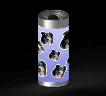 A lavender background covered with multiple cutout sticker images of the same tricolor dog. The dog faces the camera in each sticker, often with its tongue out, and each cutout has a white border.