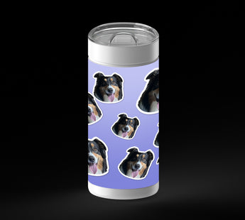 A lavender background covered with multiple cutout sticker images of the same tricolor dog. The dog faces the camera in each sticker, often with its tongue out, and each cutout has a white border.