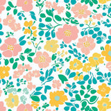 Sunlit Garden wrap artwork with pink and yellow flowers and teal leaves on white.