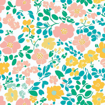 Sunlit Garden wrap artwork with pink and yellow flowers and teal leaves on white.