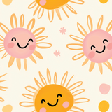 Sunny Smiles wrap artwork with smiling yellow and pink suns on cream.