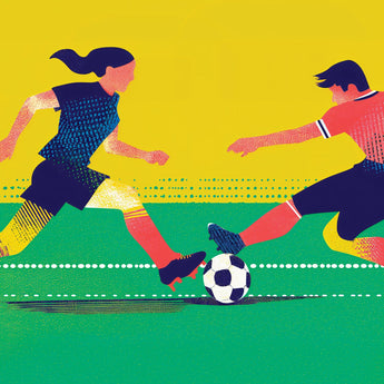 Game On wrap artwork with two soccer players challenging for the ball against yellow and green.