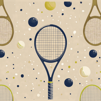 Rally Time wrap artwork with tennis rackets and balls on a beige background.