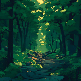 Forest Path wrap artwork with a shaded trail through a lush green forest.