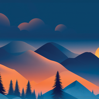 Dusk Peaks wrap artwork with blue mountains, orange slopes, pine trees and a setting sun.