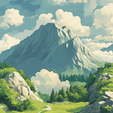 Summit View wrap artwork with a mountain rising above a green valley beneath billowing clouds.