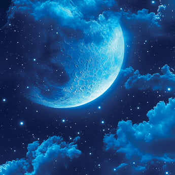 Once In A Blue Moon wrap artwork with a glowing blue moon, clouds and stars.