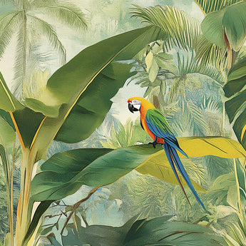 Tropical Bird wrap artwork with a colorful parrot among broad green leaves.