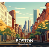 Boston travel-poster wrap artwork with a city street, autumn trees and the Boston, Massachusetts label.