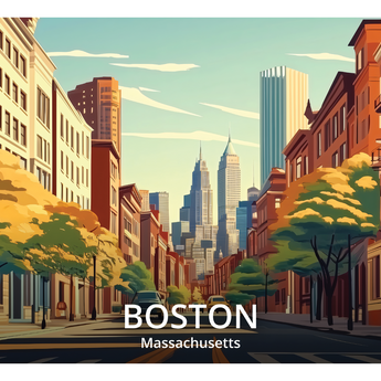 Boston travel-poster wrap artwork with a city street, autumn trees and the Boston, Massachusetts label.