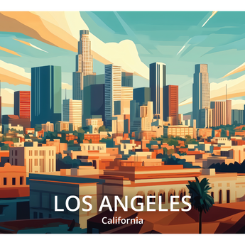 Los Angeles travel-poster wrap artwork with a city skyline, palm trees and the Los Angeles, California label.